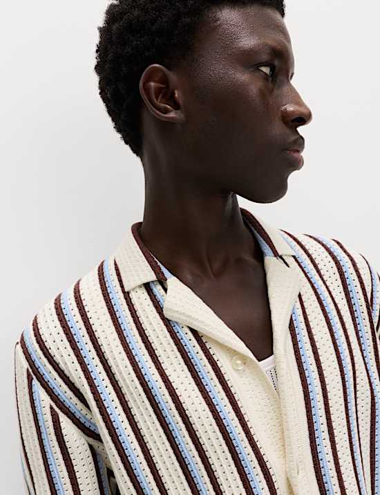 Gestricktes Baumwoll-Poloshirt mit Struktur- und Streifenmuster