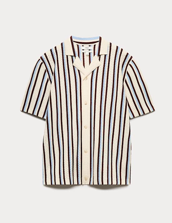 Gestricktes Baumwoll-Poloshirt mit Struktur- und Streifenmuster