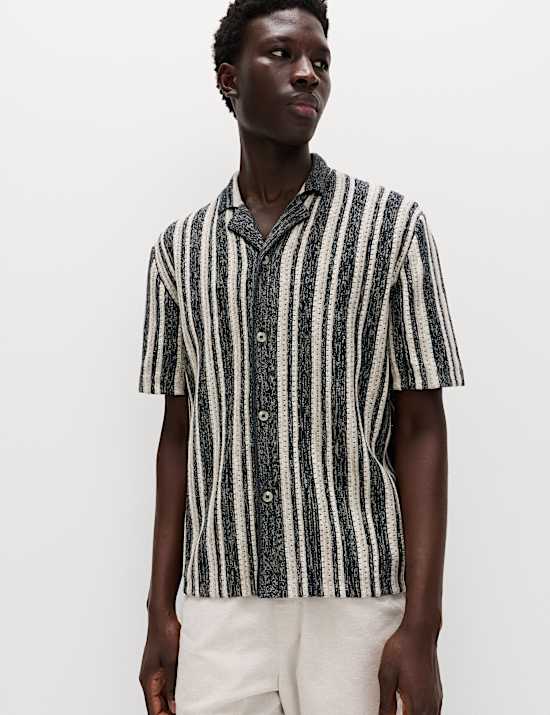 Cotton Textured Striped Knitted Polo Shirt