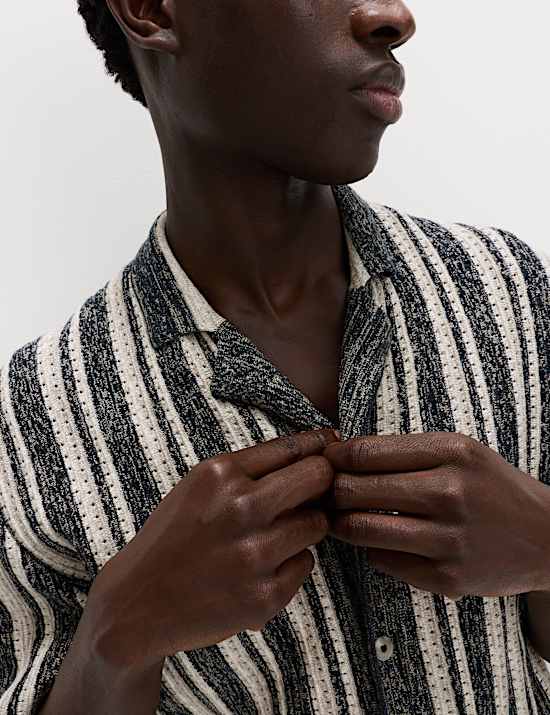 Cotton Textured Striped Knitted Polo Shirt