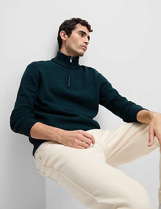 Pull en laine d’agneau mélangée à col cheminée demi-zippé