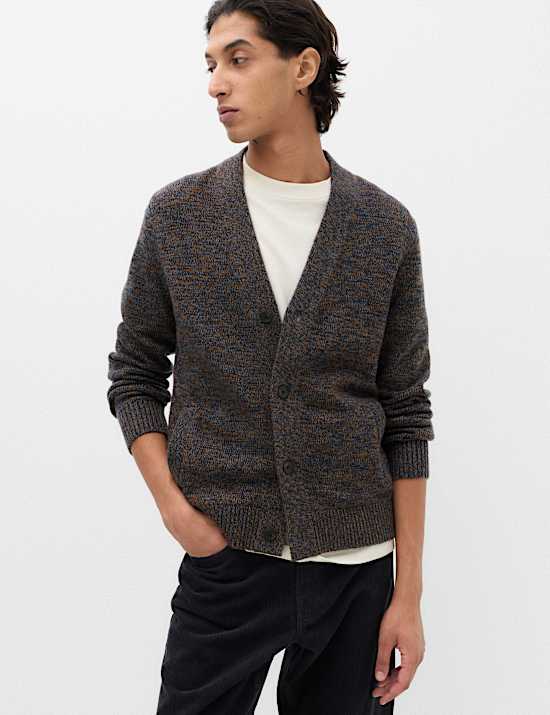 Cardigan en laine d&rsquo;agneau m&eacute;lang&eacute;e &agrave; col en V