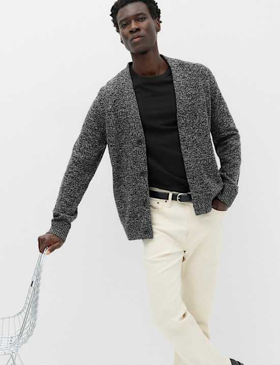 Cardigan en laine d&rsquo;agneau m&eacute;lang&eacute;e &agrave; col en V