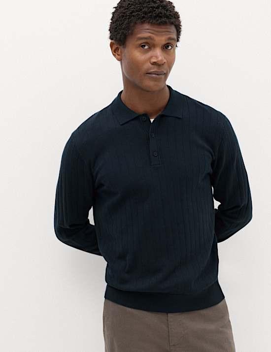 Cotton Blend Smart Rib Knit Polo Shirt
