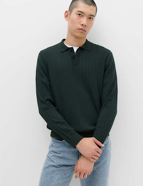 Cotton Blend Smart Rib Knit Polo Shirt