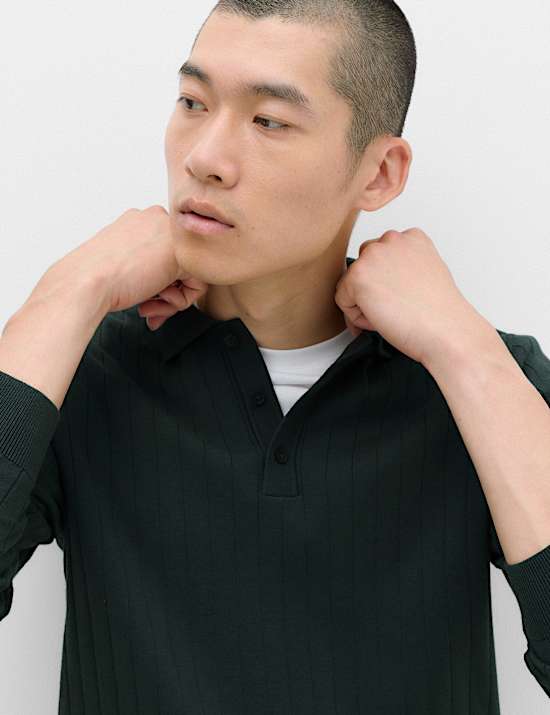 Cotton Blend Smart Rib Knit Polo Shirt