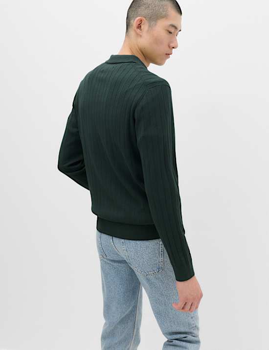 Cotton Blend Smart Rib Knit Polo Shirt