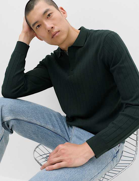 Cotton Blend Smart Rib Knit Polo Shirt