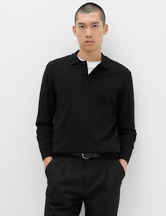 Cotton Blend Smart Rib Knit Polo Shirt