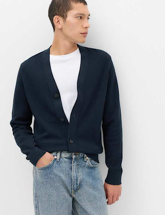 Cotton Rich Shawl Neck Ribbed Cardigan