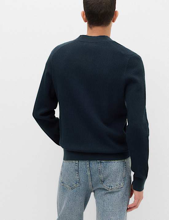 Cotton Rich Shawl Neck Ribbed Cardigan