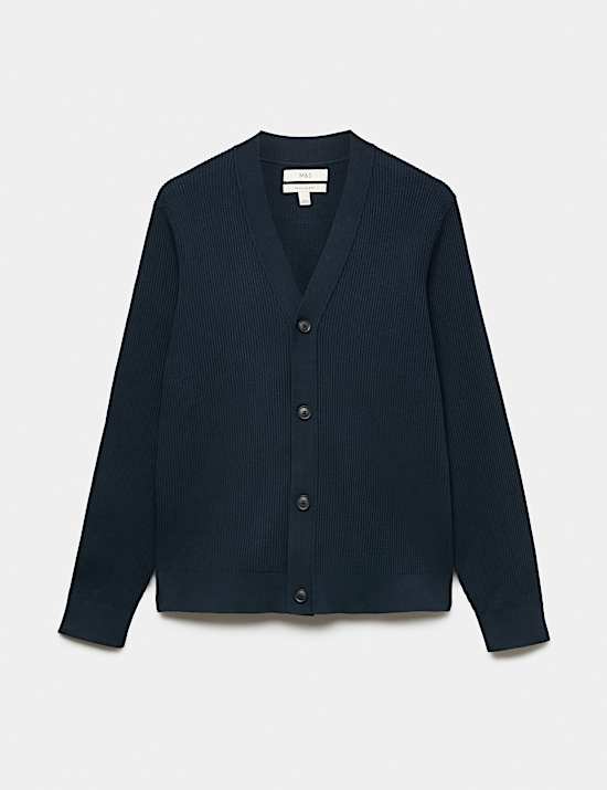 Cotton Rich Shawl Neck Ribbed Cardigan