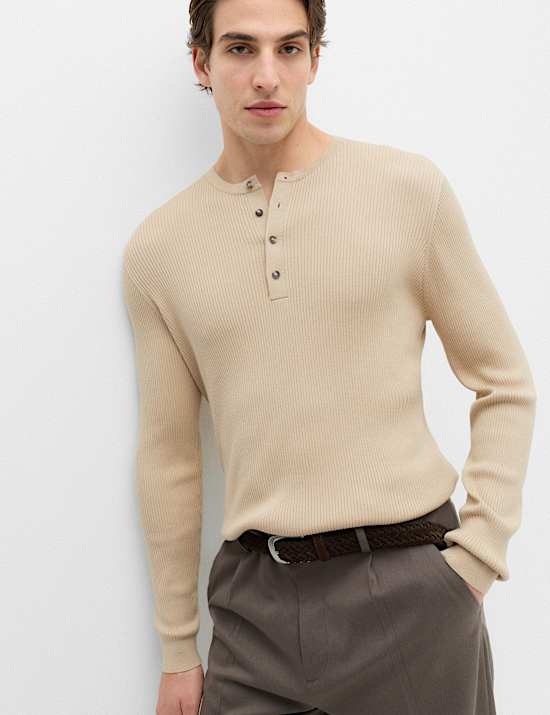 Pull Henley &eacute;l&eacute;gant en coton m&eacute;lang&eacute;