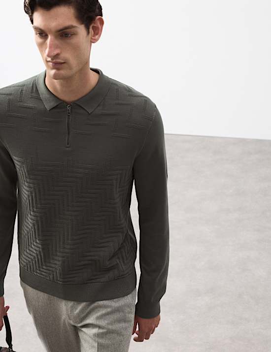 Mercerised Cotton Geometric Half Zip Polo