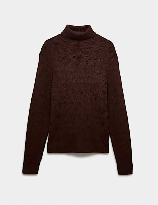 Pure Wool Wave Stitch Roll Neck Jumper