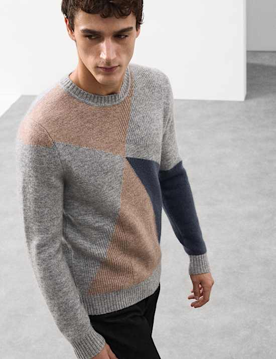 Wool-Rich Pattern Crew Neck Jumper with Mohair