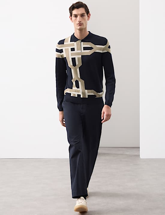 Mercerised Cotton Geometric Knitted Polo Shirt
