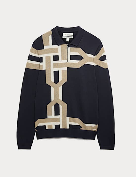 Mercerised Cotton Geometric Knitted Polo Shirt
