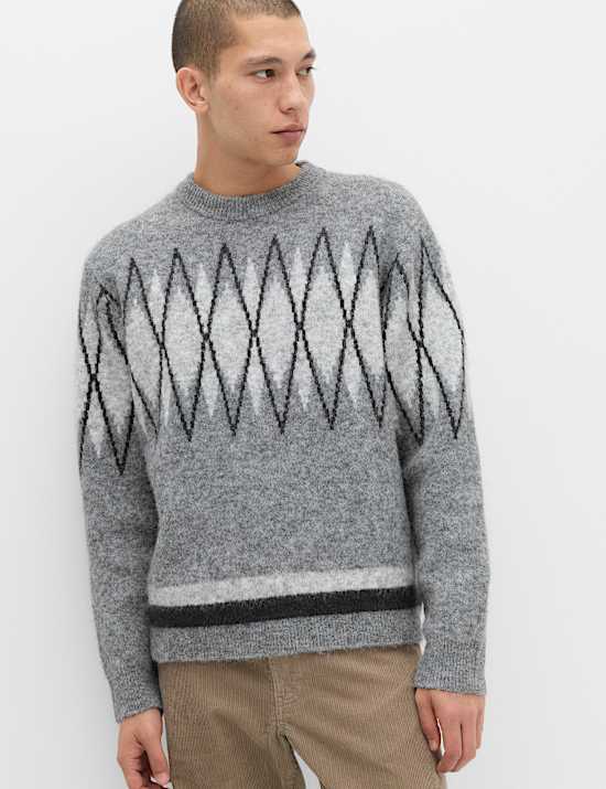 Relaxed Argyle Crew Neck Jumper with Wool