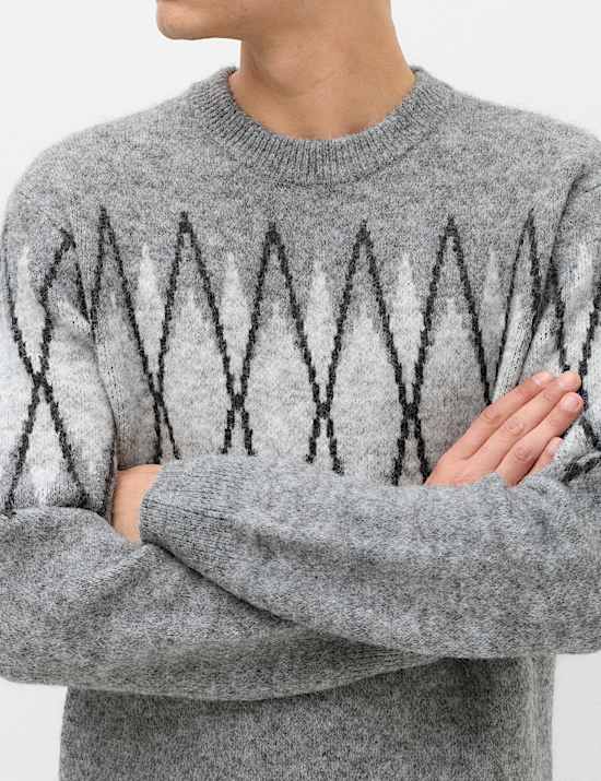 Relaxed Argyle Crew Neck Jumper with Wool