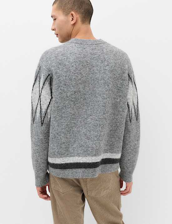 Relaxed Argyle Crew Neck Jumper with Wool