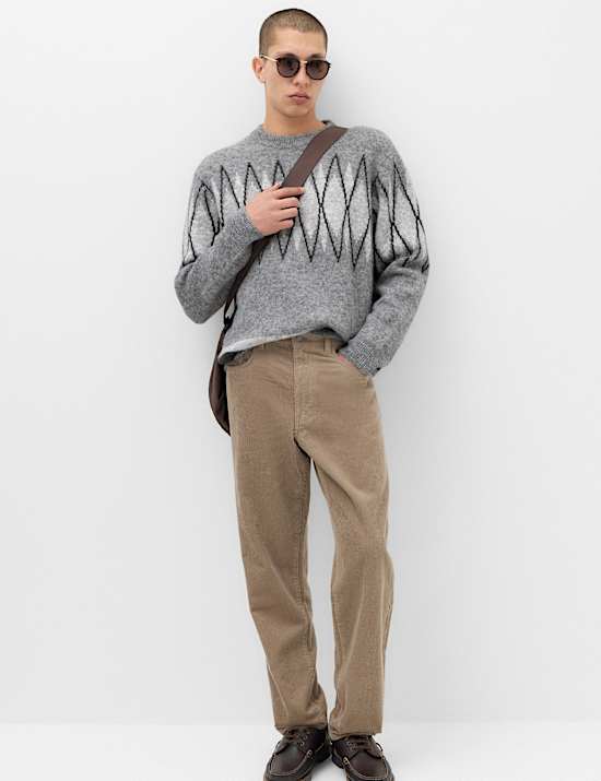Relaxed Argyle Crew Neck Jumper with Wool