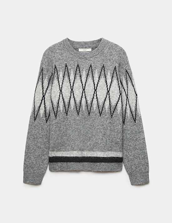 Relaxed Argyle Crew Neck Jumper with Wool