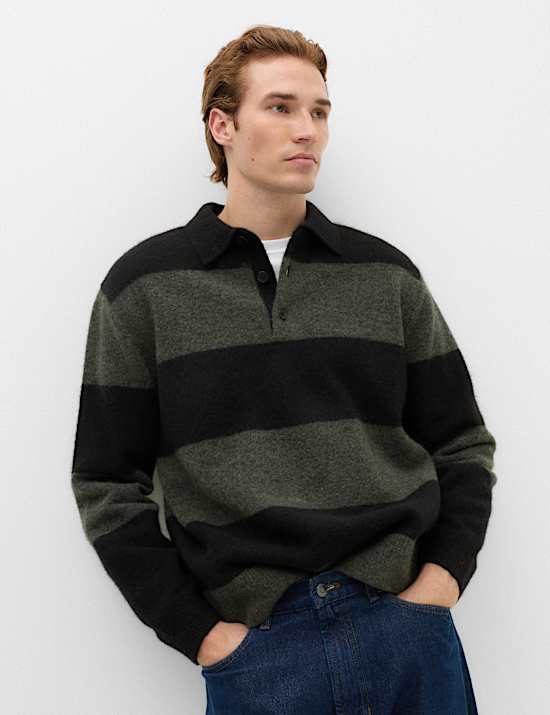 Striped Collared Neck Rugby Jumper with Wool