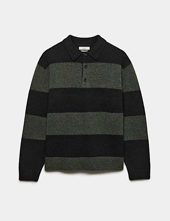 Striped Collared Neck Rugby Jumper with Wool