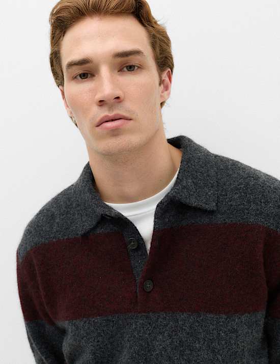 Striped Collared Neck Rugby Jumper with Wool