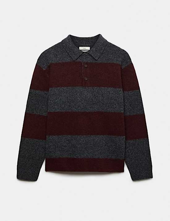 Striped Collared Neck Rugby Jumper with Wool