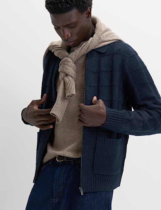 Textured Knitted Zip Up Jacket with Wool