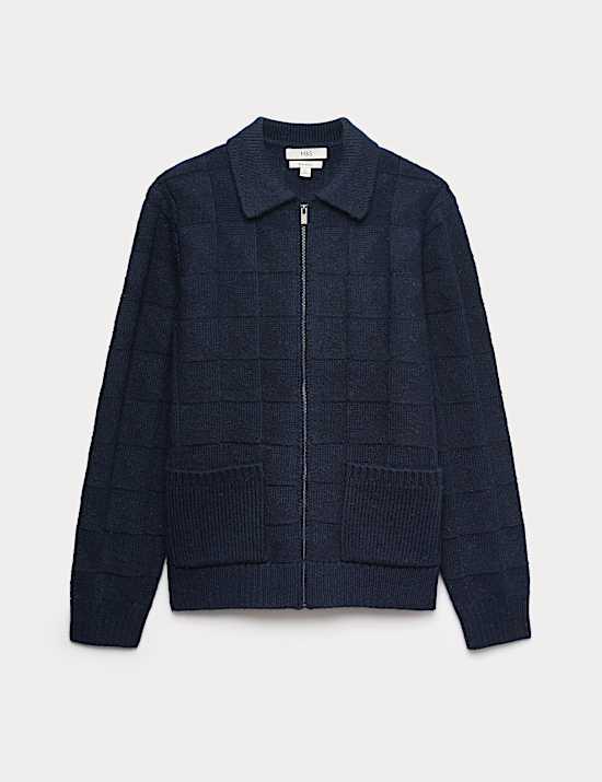 Textured Knitted Zip Up Jacket with Wool