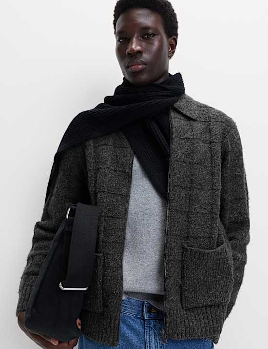 Textured Knitted Zip Up Jacket with Wool