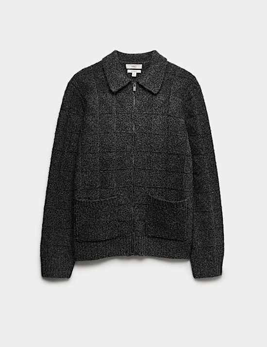 Textured Knitted Zip Up Jacket with Wool