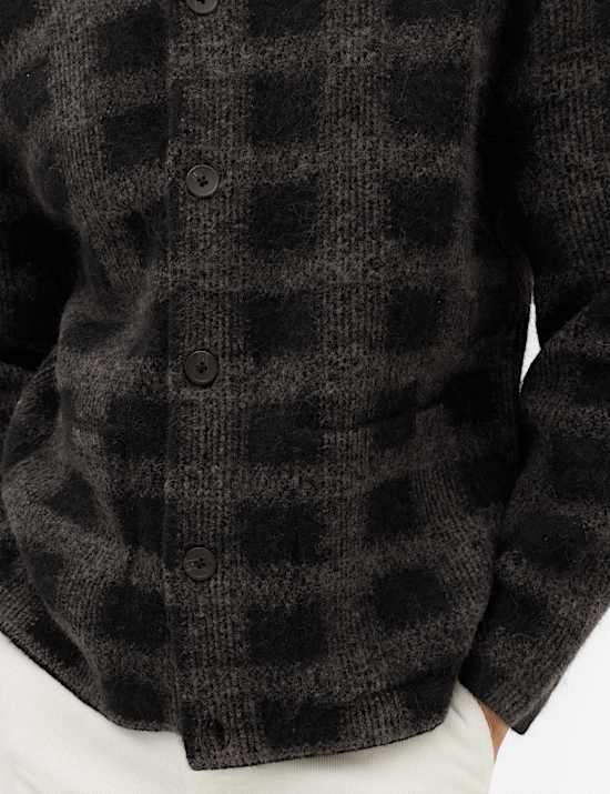 Checked Button Through Knitted Jacket