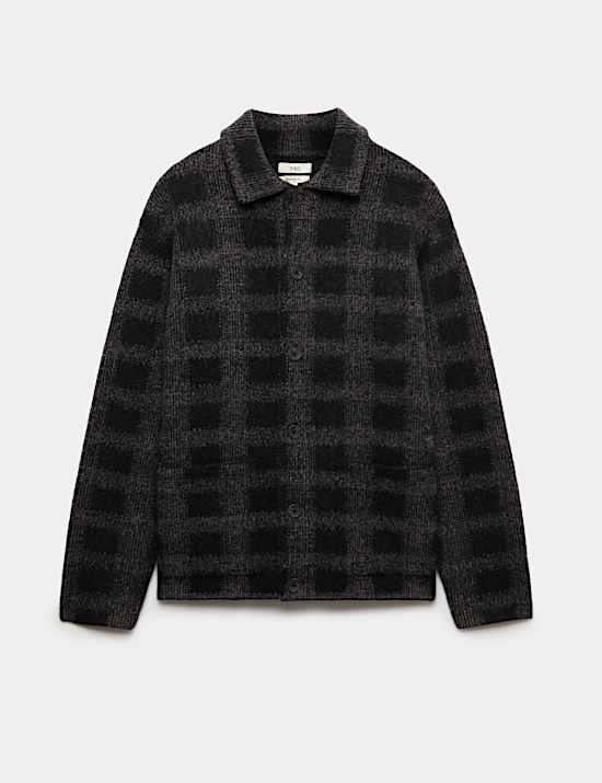Checked Button Through Knitted Jacket