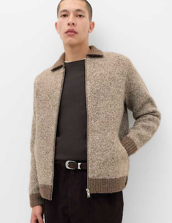 Twist Knit Zip Through Jumper with Wool
