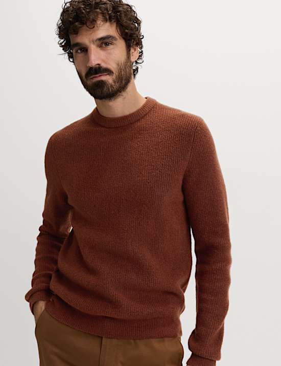 Pull ultra-doux côtelé à col rond avec laine