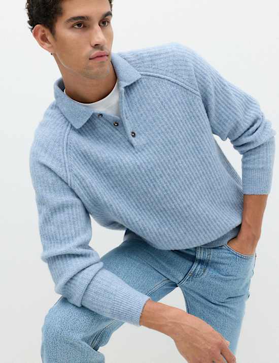 Lofty Ribbed Buttoned Knitted Polo Shirt