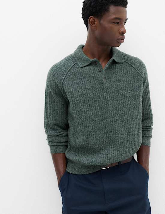 Lofty Ribbed Buttoned Knitted Polo Shirt