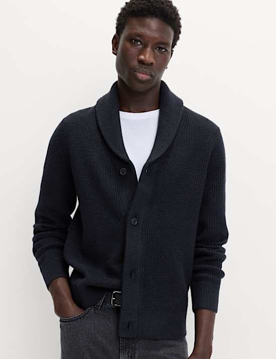 Air-Yarn Waffle Knit Shawl Neck Cardigan