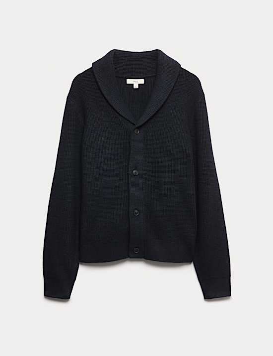 Air-Yarn Waffle Knit Shawl Neck Cardigan