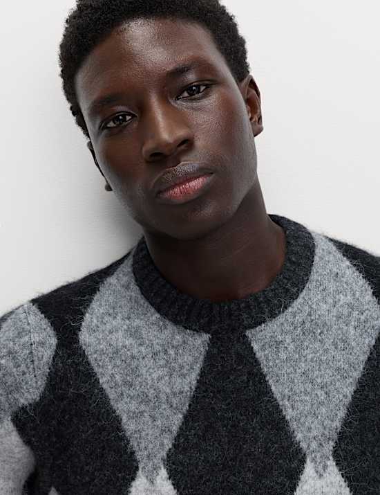 Cotton Blend Argyle Knit Crew Neck Jumper
