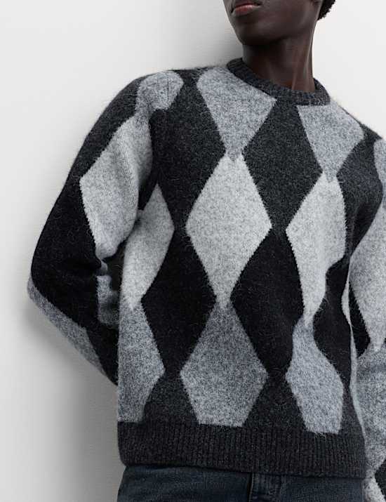Cotton Blend Argyle Knit Crew Neck Jumper