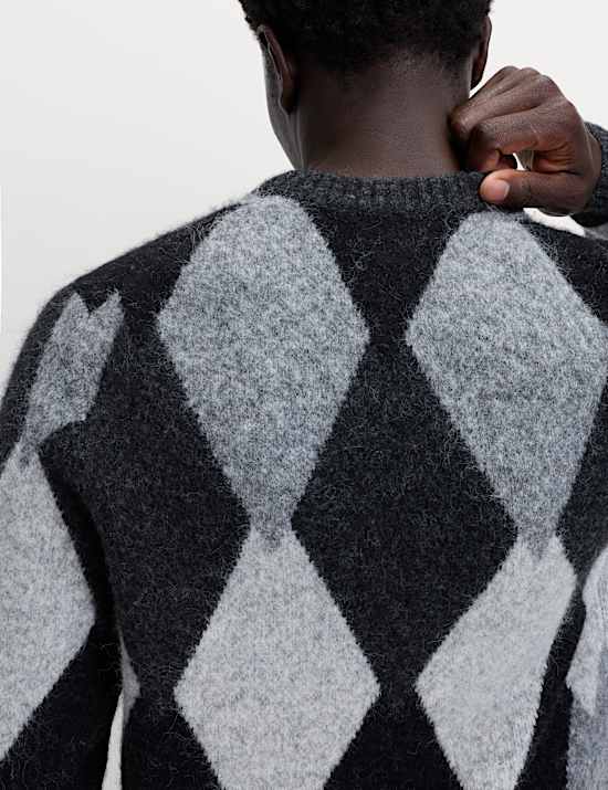 Cotton Blend Argyle Knit Crew Neck Jumper
