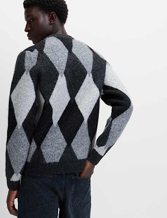 Cotton Blend Argyle Knit Crew Neck Jumper
