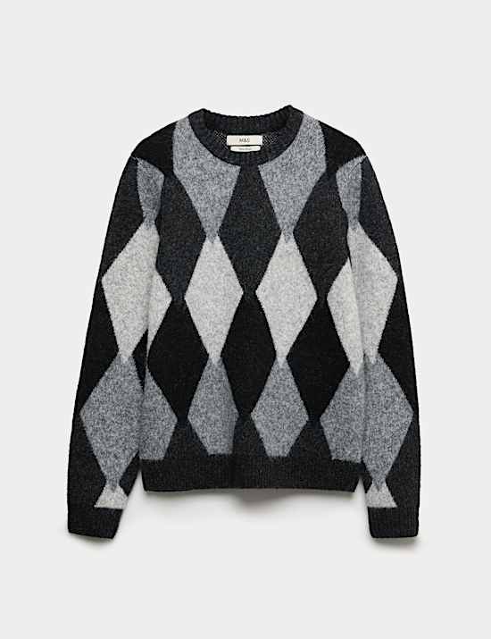Cotton Blend Argyle Knit Crew Neck Jumper