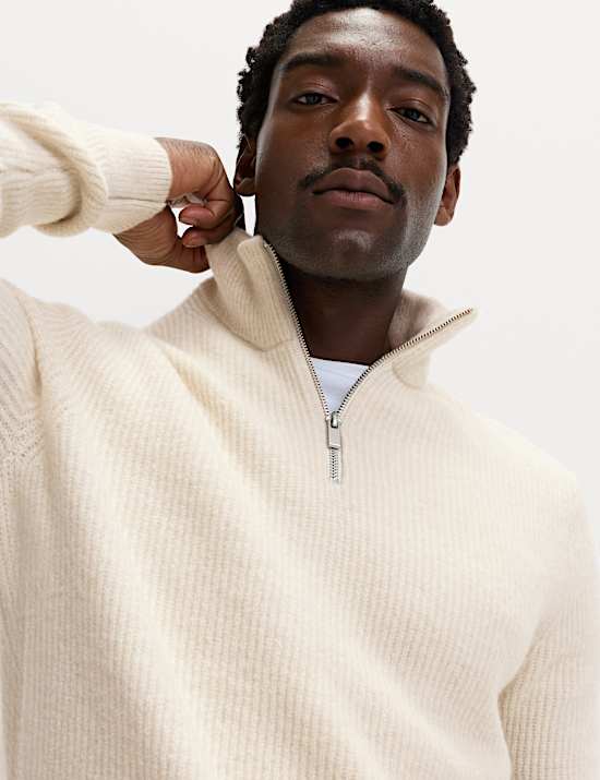 Pull ultra doux côtelé avec laine à fermeture zippée mi-hauteur