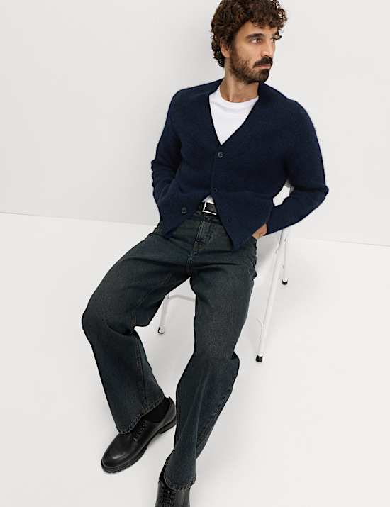 Relaxed Textured V-Neck Cardigan with Wool